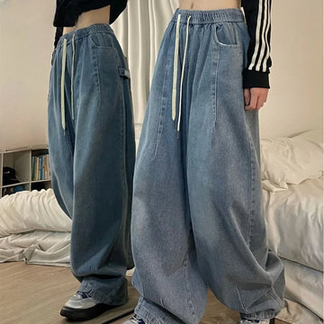 MQTIME  - Elastic Waist Oversized American Trouser Denim Wide Leg Streetwear Straight Basic Pants Y2k Spring Women Vintage Baggy Jeans